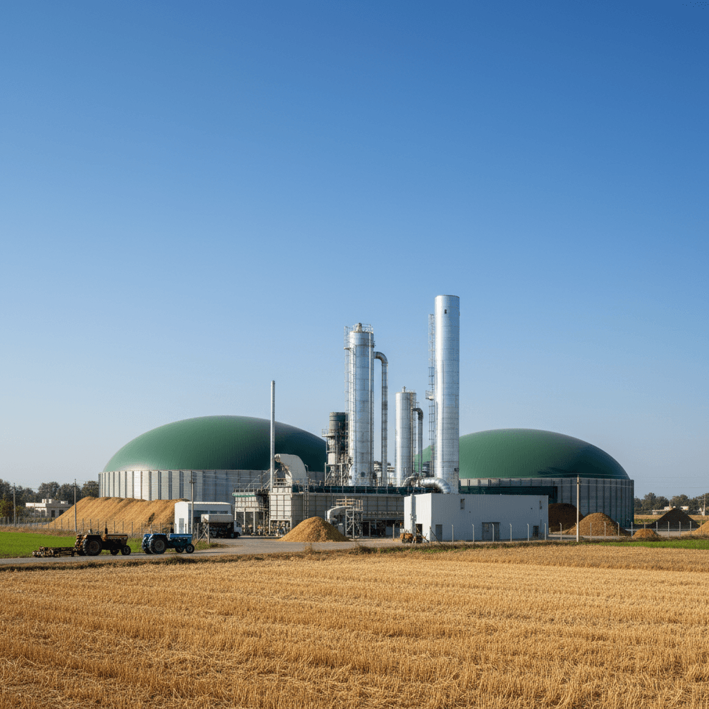 A biomass energy plant with large green domes and tall silver towers, surrounded by golden harvested fields under a clear blue sky.