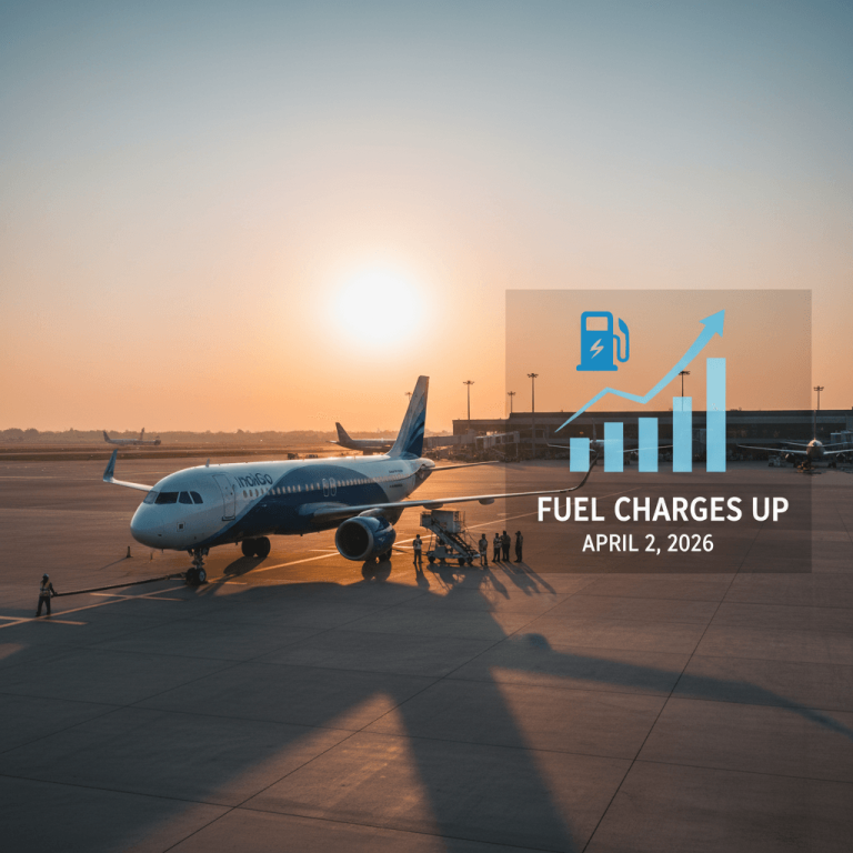 An IndiGo airplane on the tarmac at sunset, with a graphic showing rising fuel costs and an arrow pointing up.