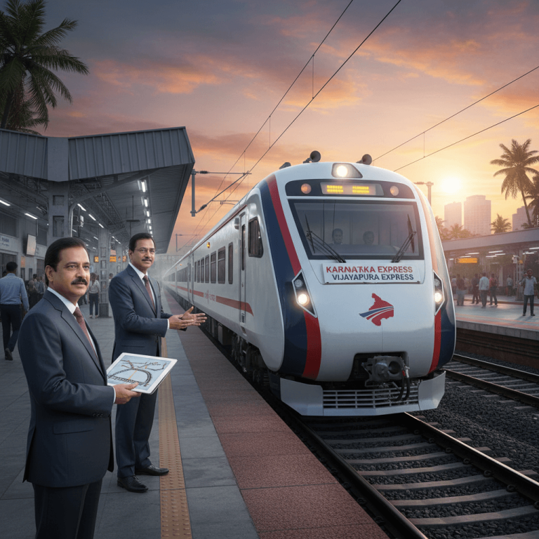 Two men in suits on a train platform with an express train, one holding a tablet with a route map.