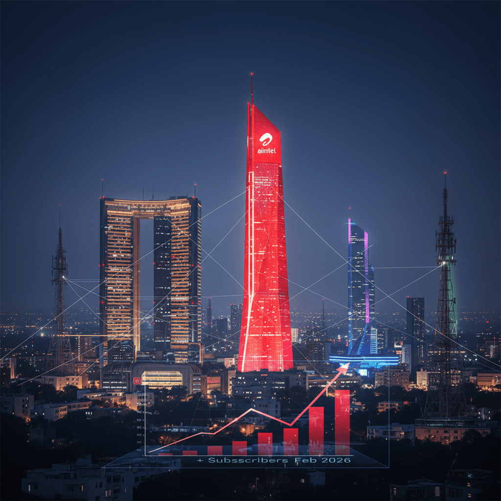 A nighttime cityscape with glowing red, blue, and green skyscrapers representing telecom companies, overlaid with a rising graph.