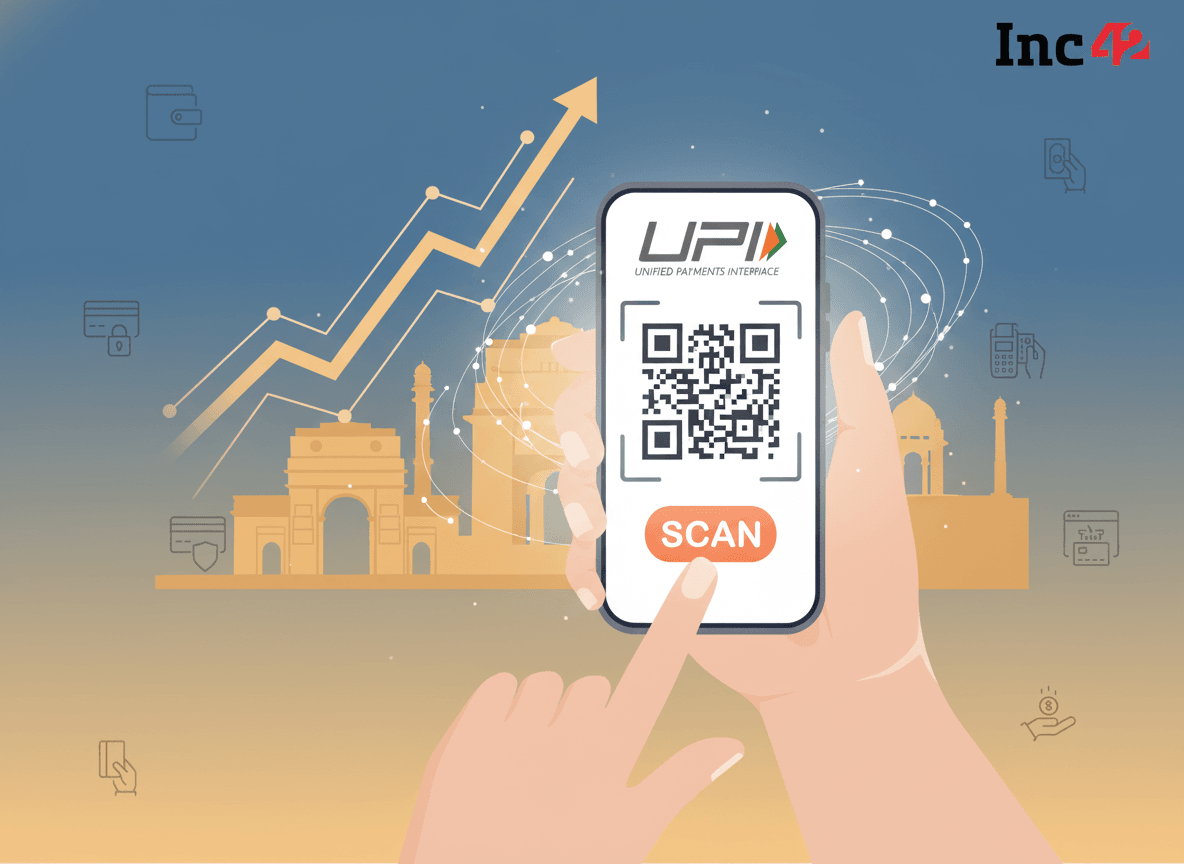 A smartphone displaying a QR code for UPI transactions, with a rising graph and Indian landmarks in the background.