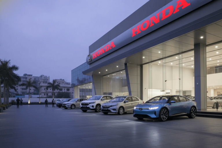 A modern Honda dealership in India with a prominent EV on display, symbolizing the brand's shift towards electric vehicles.