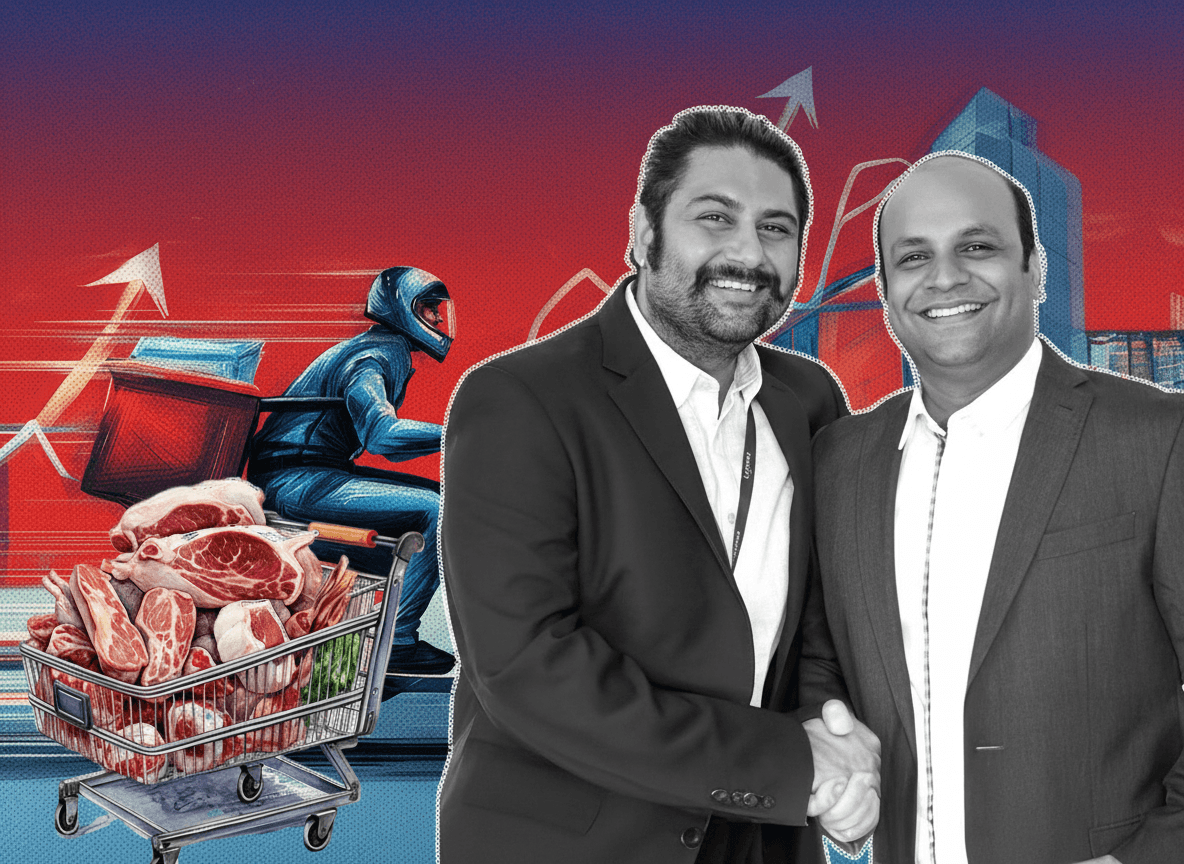 Two smiling businessmen shaking hands, with a background of a delivery person, meat in a shopping cart, and growth charts.