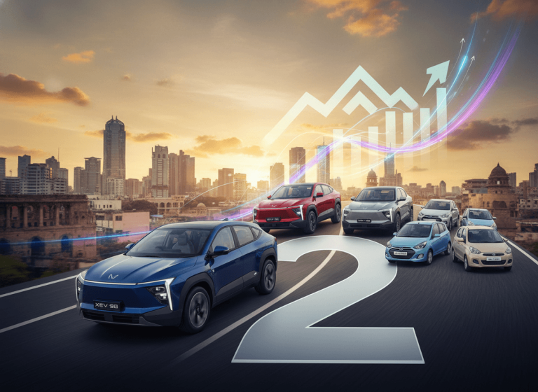 Diverse cars on a road forming the number "2" with an upward trend graph and city skyline at sunset.