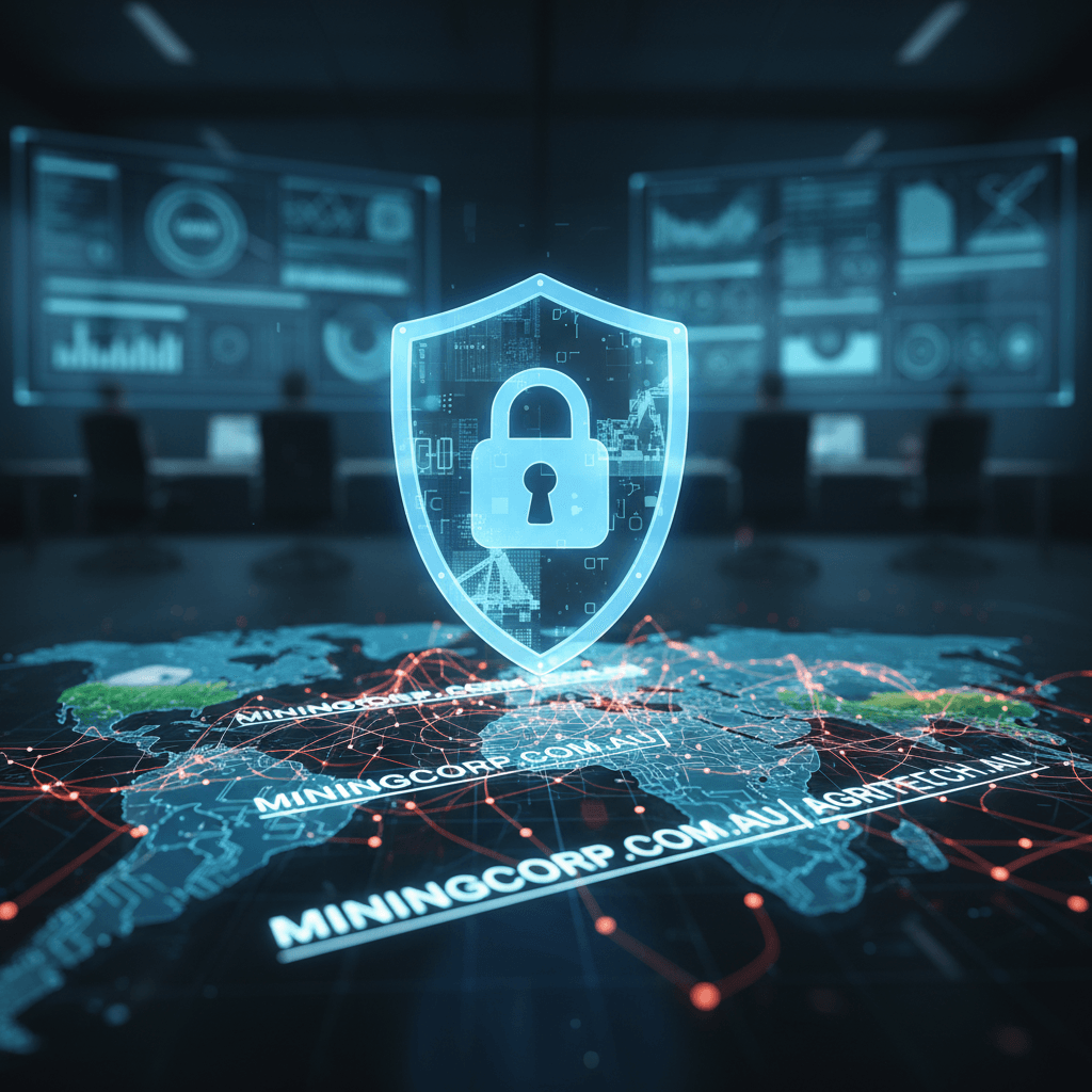 A glowing blue shield with a padlock icon stands over a holographic world map, highlighting Australian domain names like .COM.AU.