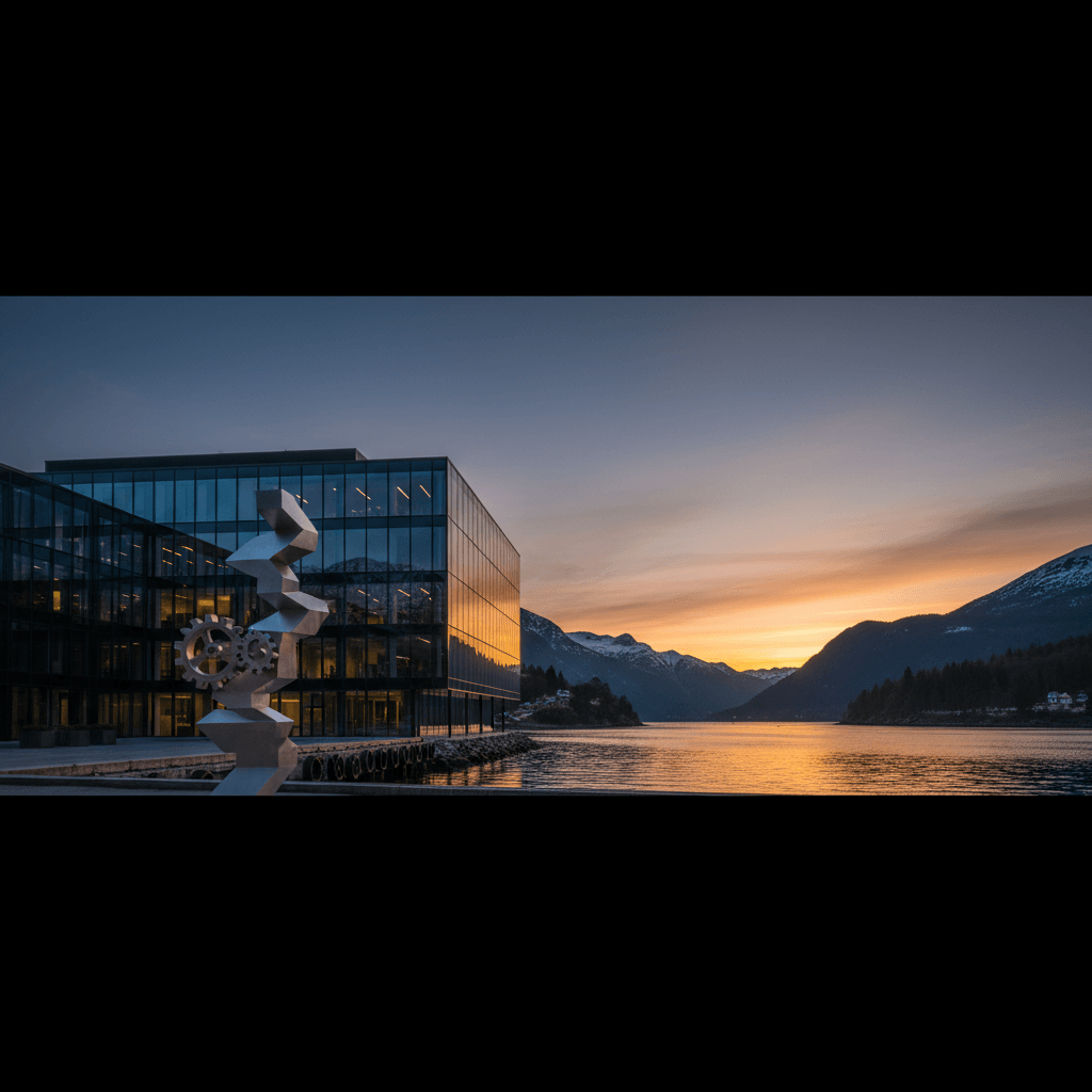 A modern glass office building stands beside a calm Norwegian fjord, with snow-capped mountains in the background.