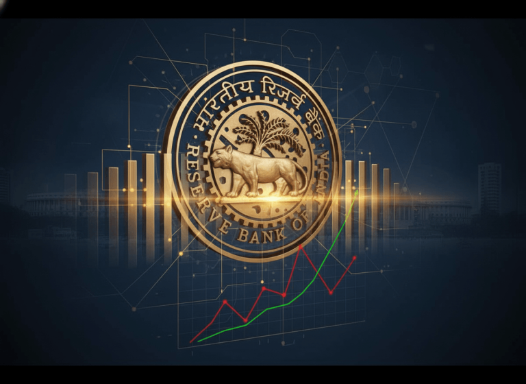A stylized image showing the RBI emblem against a backdrop of financial graphs and an Indian cityscape at dusk.