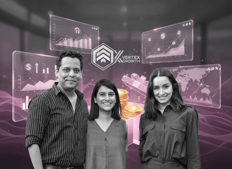 Three smiling founders in front of a futuristic backdrop with financial charts, a gift box, and a company logo.