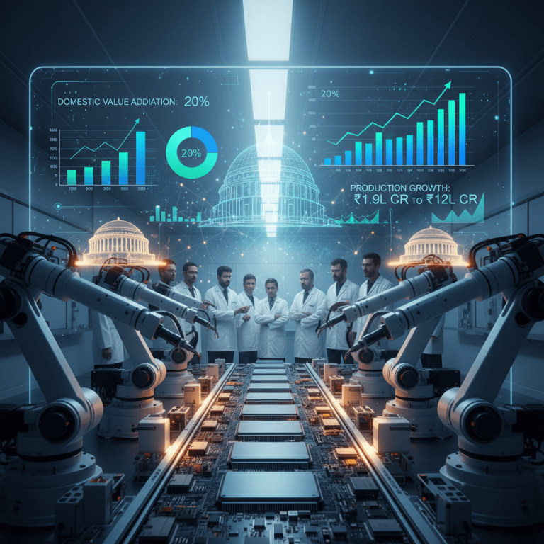 A modern electronics factory floor with robotic arms, a central circuit board assembly line, and a holographic display showing growth statistics.