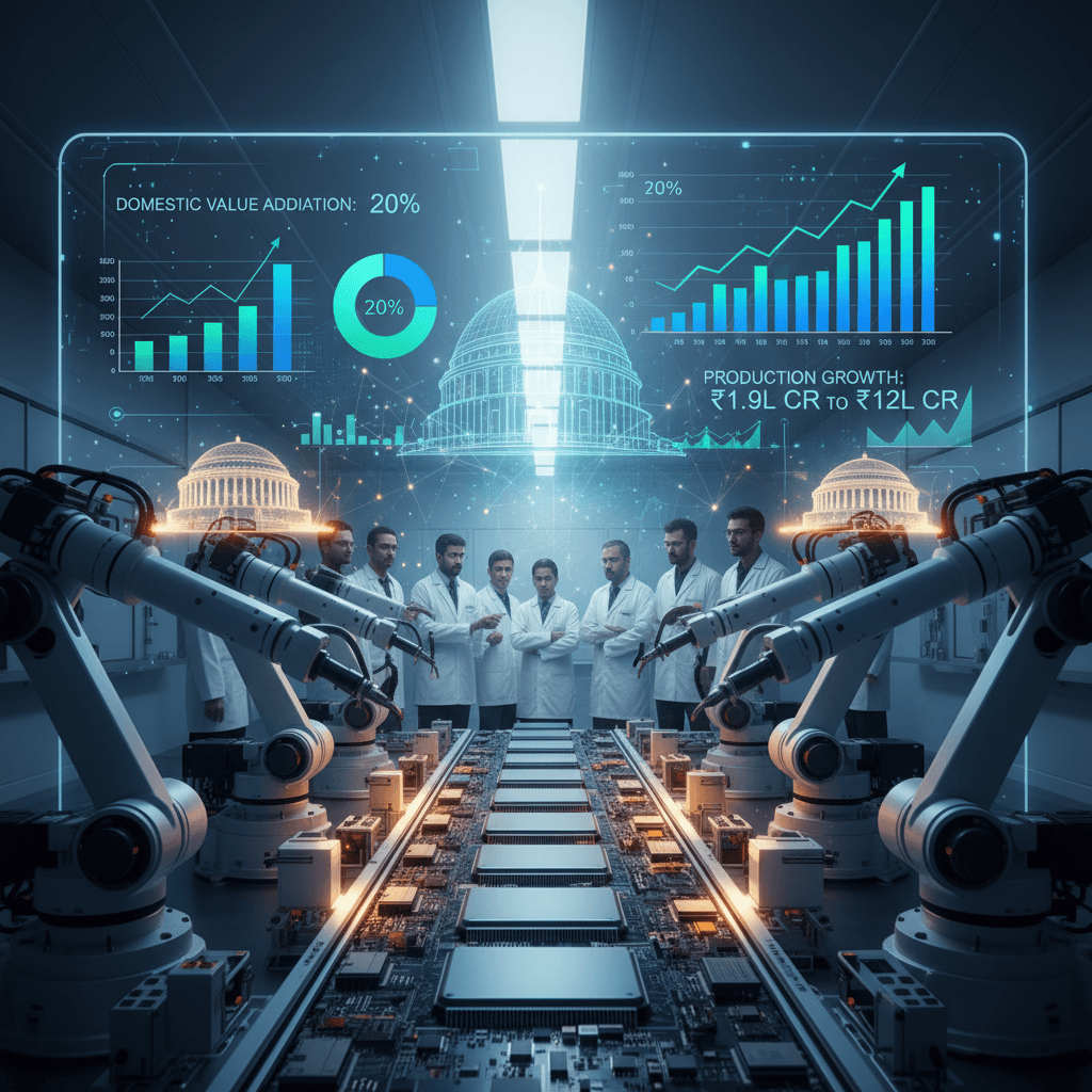 A modern electronics factory floor with robotic arms, a central circuit board assembly line, and a holographic display showing growth statistics.