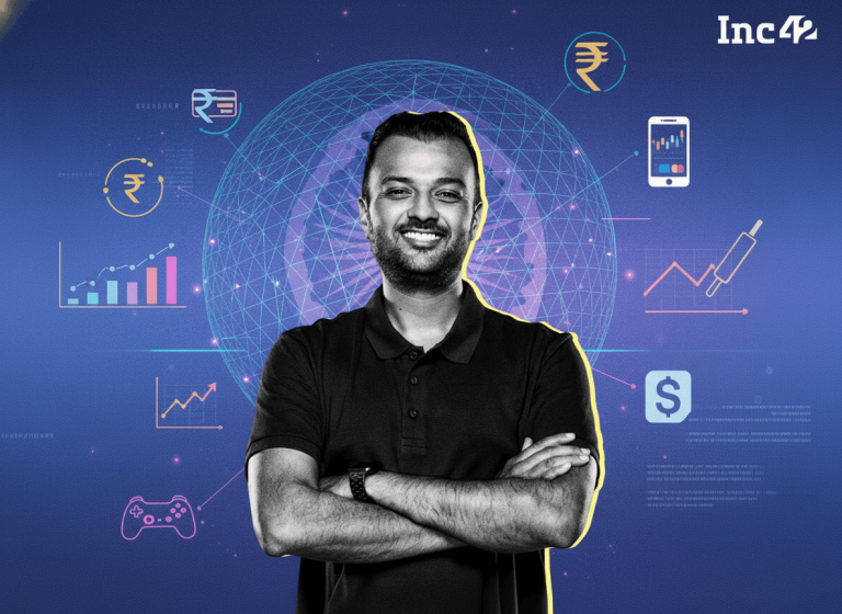 A man stands confidently before a digital globe, surrounded by fintech and sports icons.