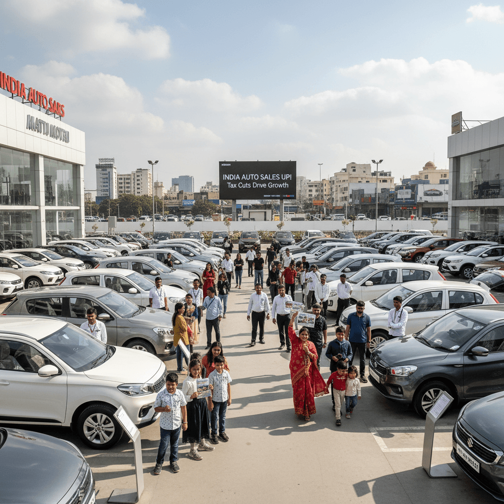 An aerial shot of an Indian car dealership with various new cars and a crowd of people, some holding signs.