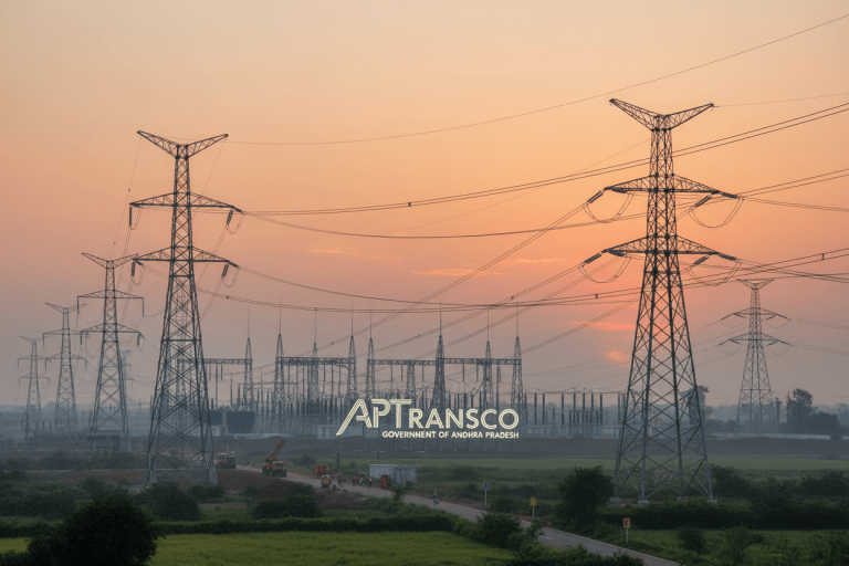 A modern power transmission landscape with numerous large towers and a substation at sunset, symbolizing infrastructure development.