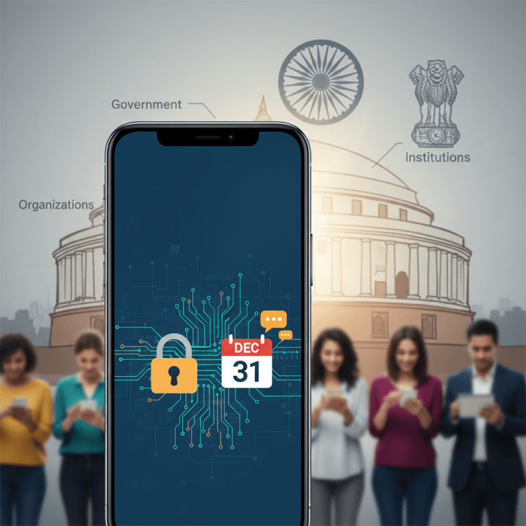 A smartphone with a padlock, calendar showing Dec 31, and circuit board pattern, against a backdrop of Indian government buildings.