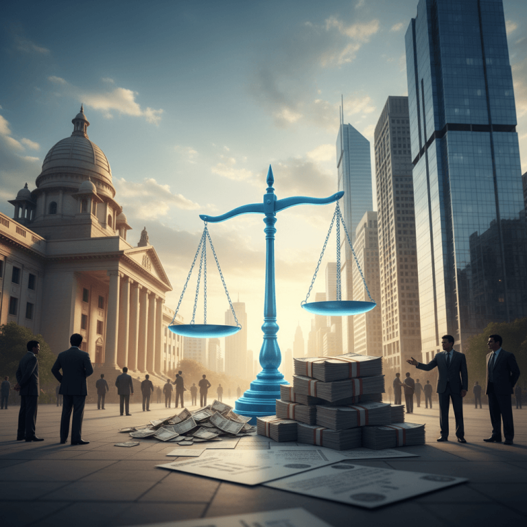 A large scale of justice balancing money, with a government building and city skyline in the background, symbolizing policy and finance.