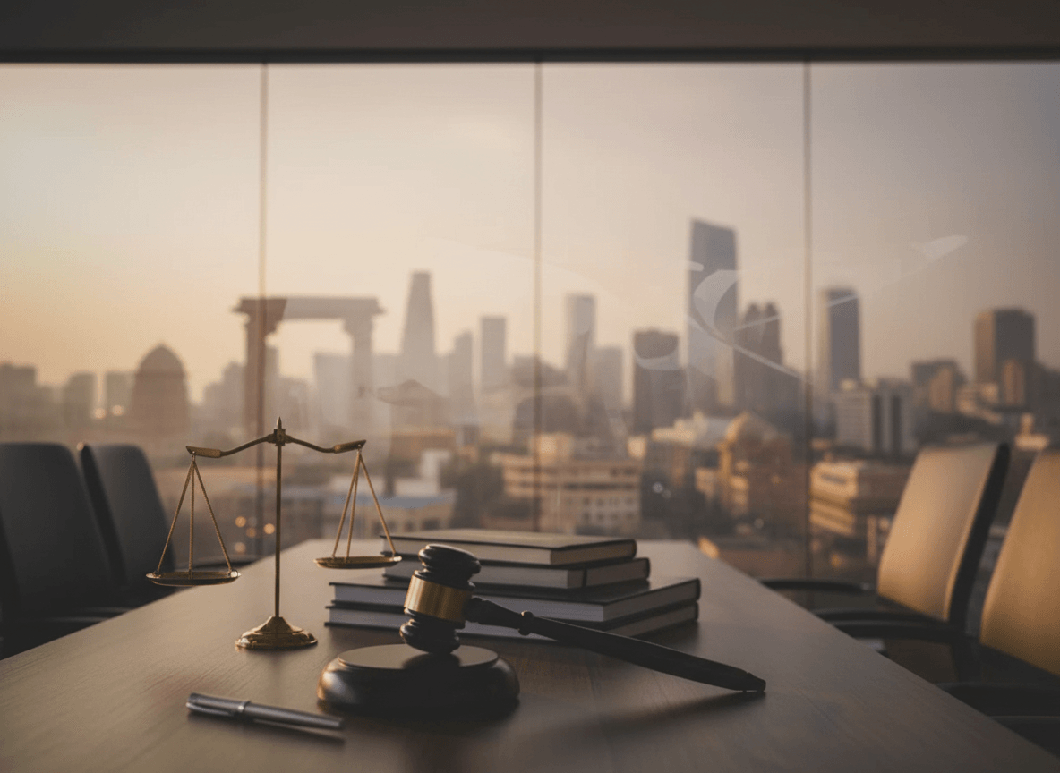 A gavel, scales of justice, and legal books on a conference table with a blurred city skyline at sunset in the background.
