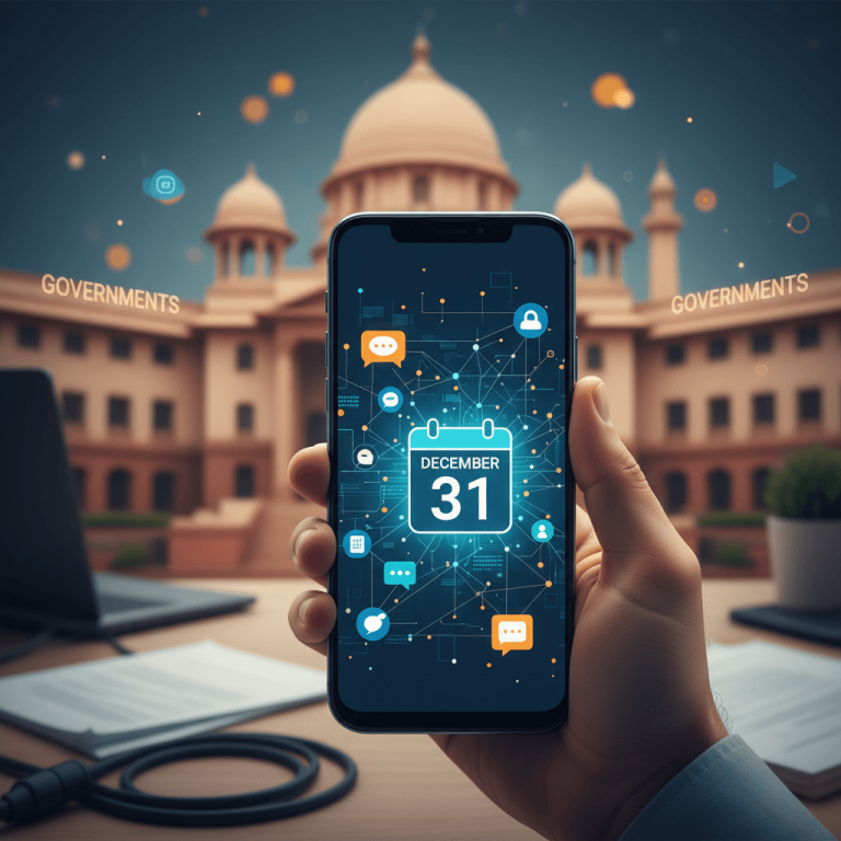 A hand holds a smartphone with a digital calendar showing "December 31" and network icons, set against a government building.