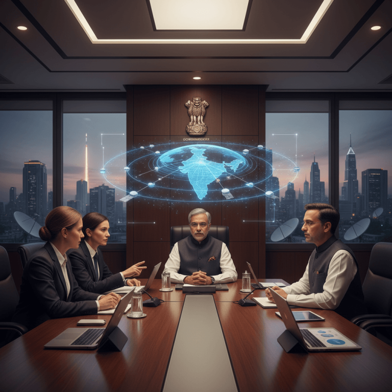A professional meeting in a high-rise office, featuring India's telecom minister and SpaceX executives.