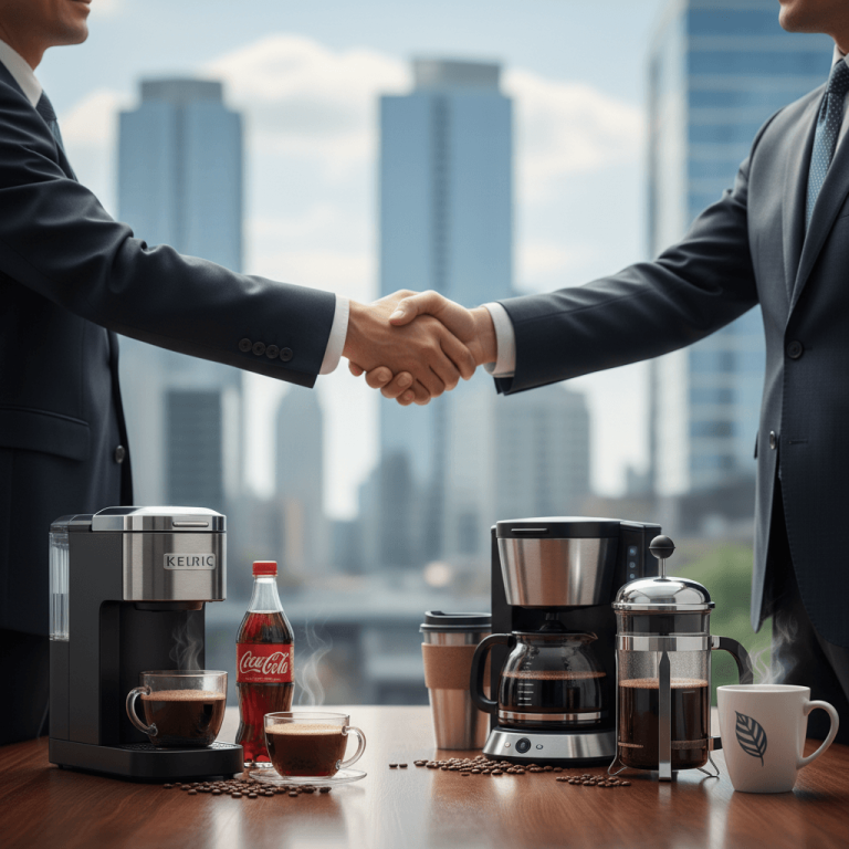 Two businessmen shaking hands over a table with various coffee machines, drinks, and coffee beans, set against a city skyline.