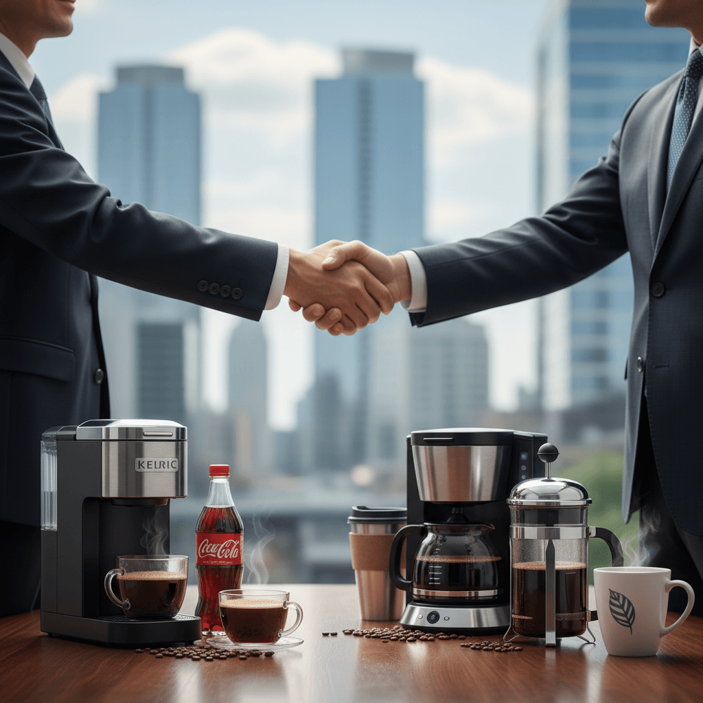 Two businessmen shaking hands over a table with various coffee machines, drinks, and coffee beans, set against a city skyline.