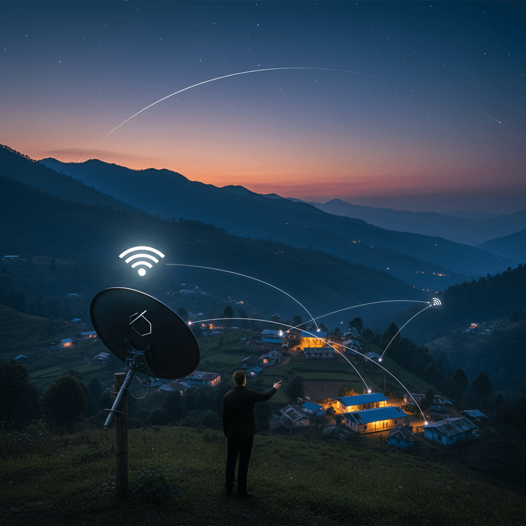 A man stands before a satellite dish, pointing towards a remote village nestled in mountains at dusk, with glowing network lines.