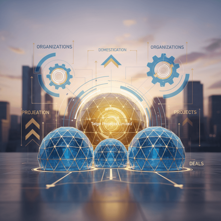 An abstract representation of business growth and integration with gears and arrows, set against a cityscape.