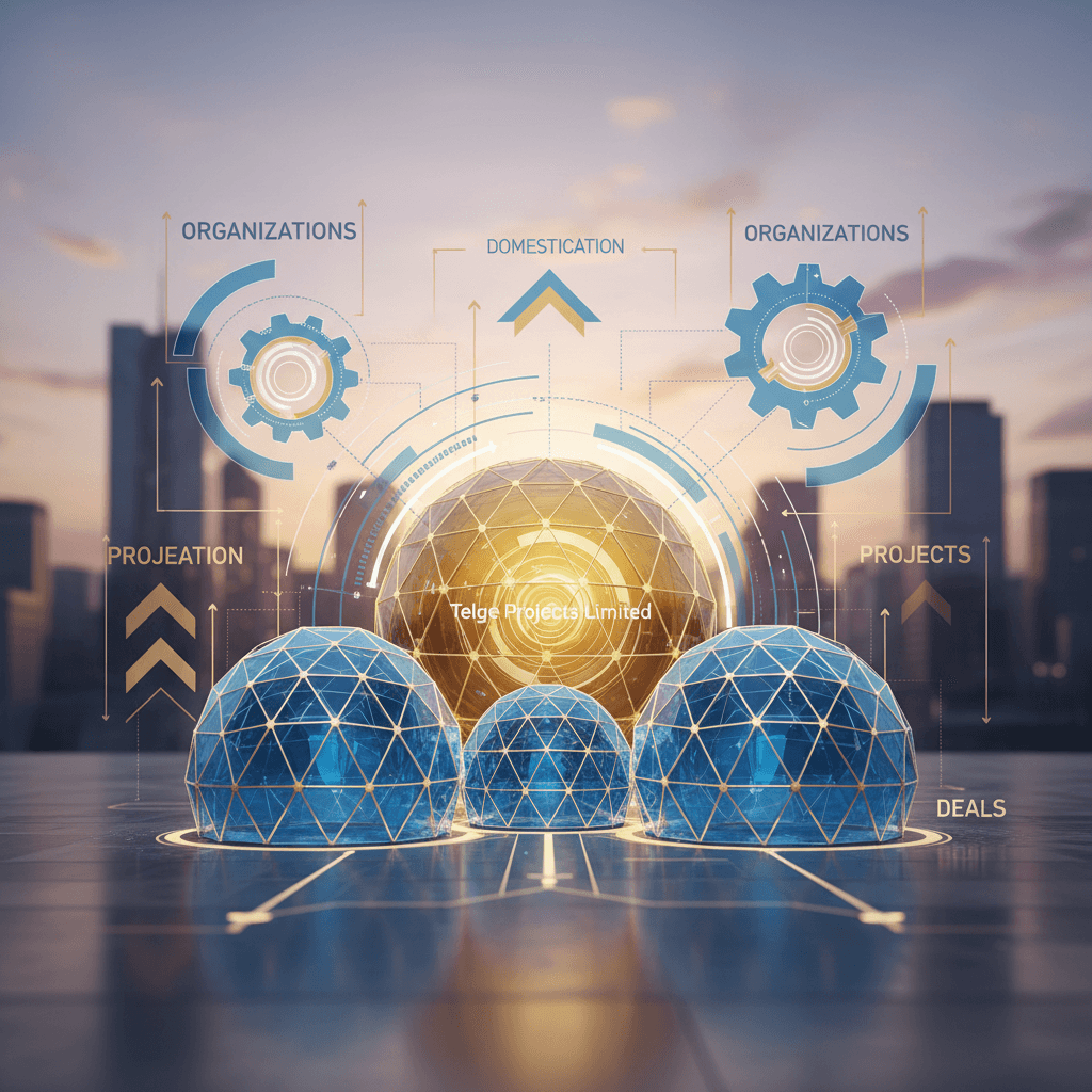 An abstract representation of business growth and integration with gears and arrows, set against a cityscape.