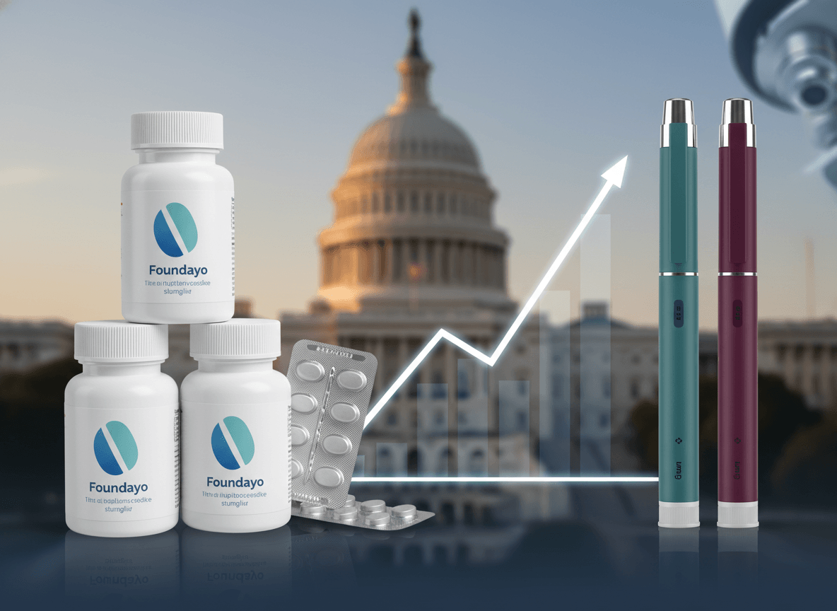 Foundayo pill bottles, blister packs, and two injection pens with a rising graph overlay, set against the US Capitol.