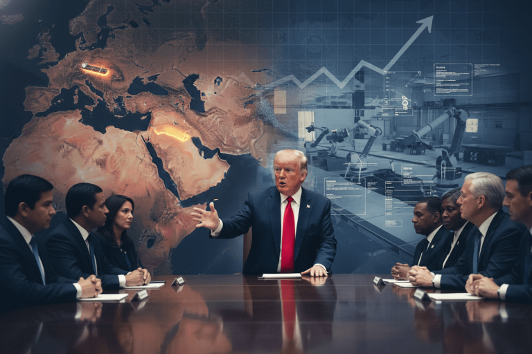 Donald Trump at a table with advisors, overlaid with a world map showing the Strait of Hormuz and economic graphs.