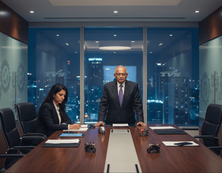 Venu Srinivasan stands at a large boardroom table with Lakshmi Venu, symbolizing leadership transition and family business.