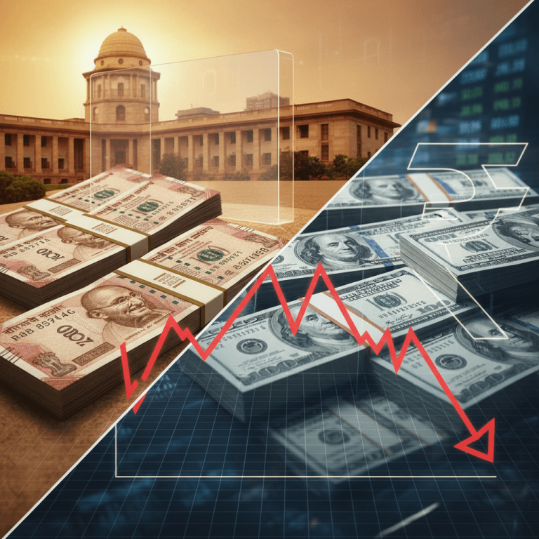 Image showing Indian rupees and US dollars, with a red downward trend line, set against the backdrop of the RBI building.