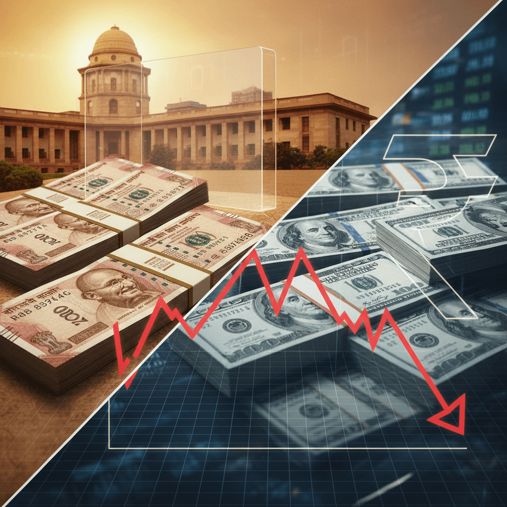 Image showing Indian rupees and US dollars, with a red downward trend line, set against the backdrop of the RBI building.
