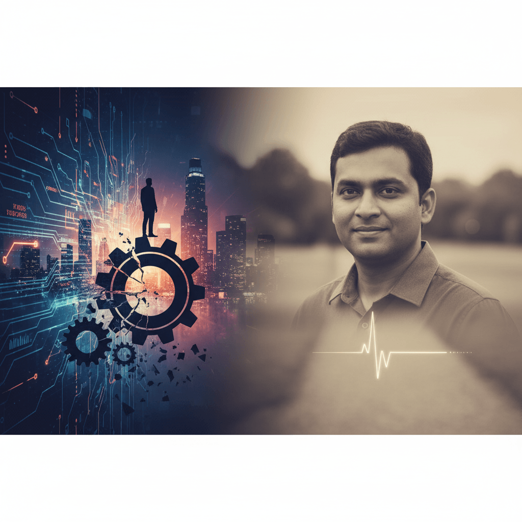 A split image. Left: A silhouette of a man on a broken gear against a digital city. Right: A man smiling with a heartbeat line.