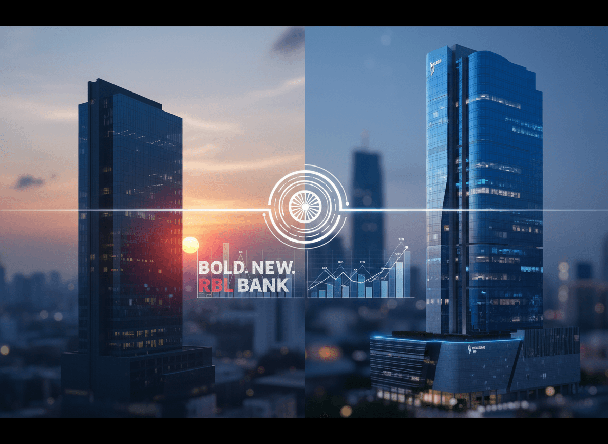 Two modern bank buildings, one bathed in sunset light and the other in twilight, connected by a digital interface.