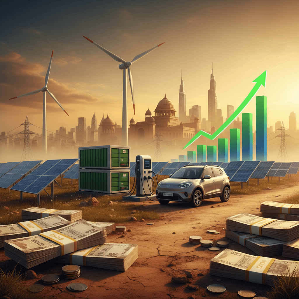 A landscape showing renewable energy infrastructure and an electric car, symbolizing India's climate investment growth.