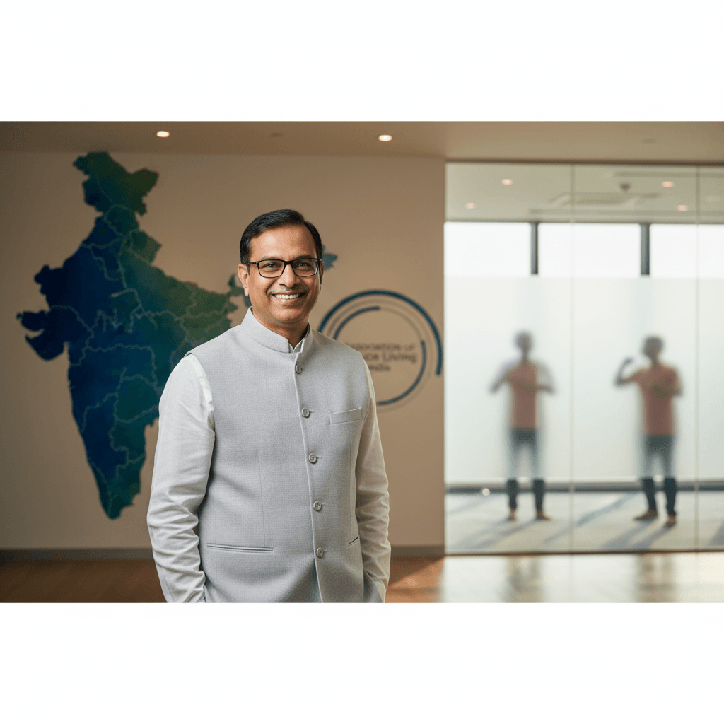 Rajagopal G, wearing glasses and an Indian vest, smiles in a modern office with an India map mural.