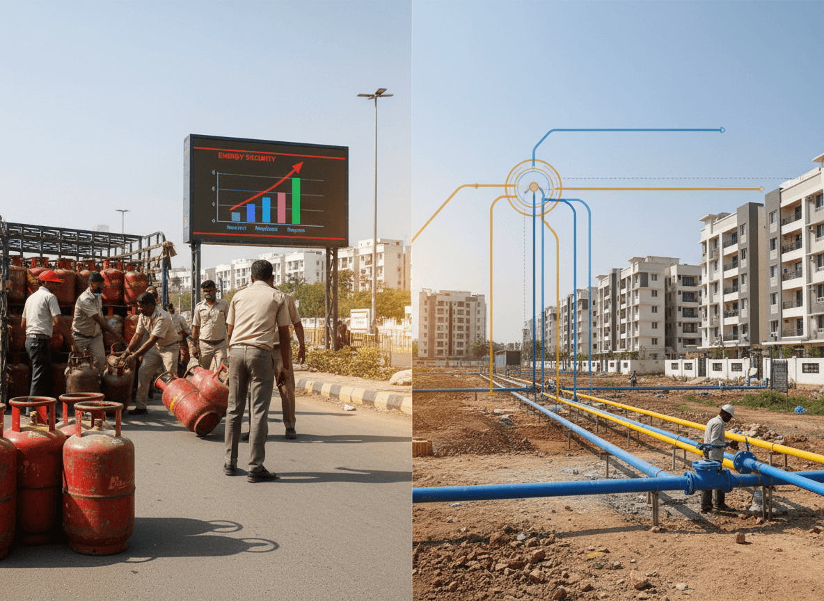 A split image showing LPG cylinders being unloaded on one side and a piped gas network under construction on the other.