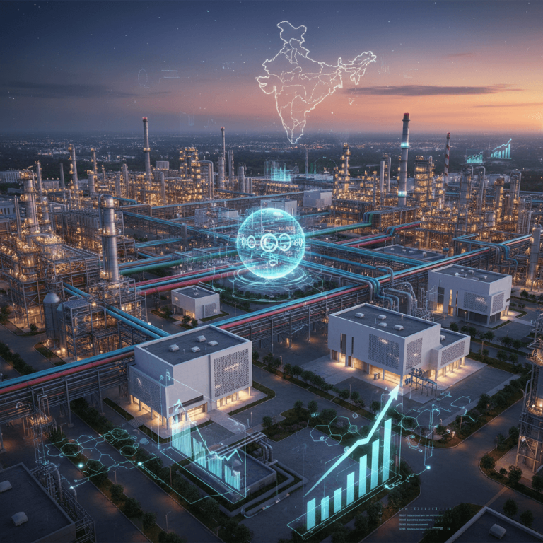 An aerial view of a large petrochemical complex at dusk, with glowing holographic charts, graphs, and a map of India.