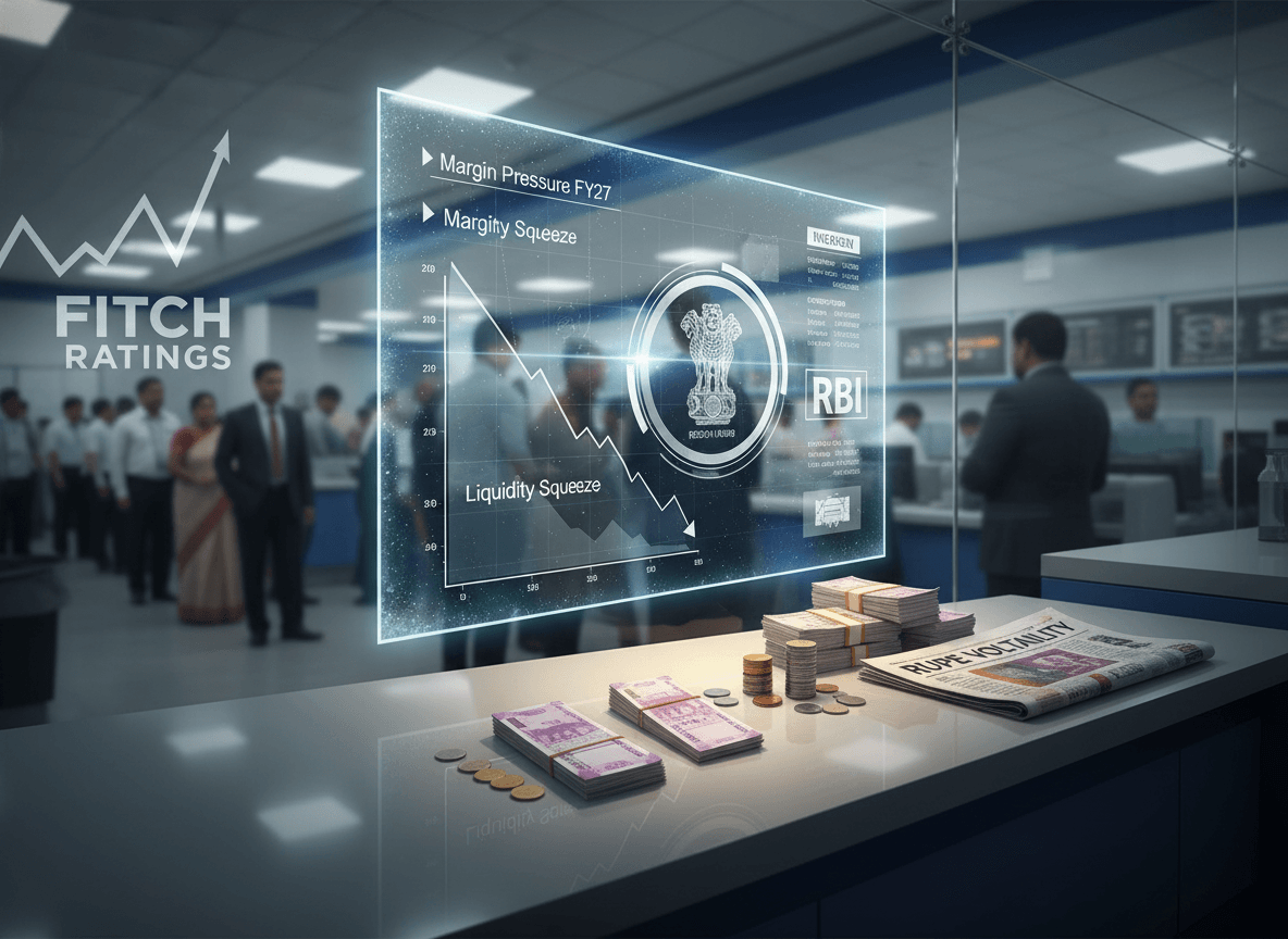 A modern office environment with a holographic display showing financial charts, "Fitch Ratings" and "RBI" logos, and cash on a desk.