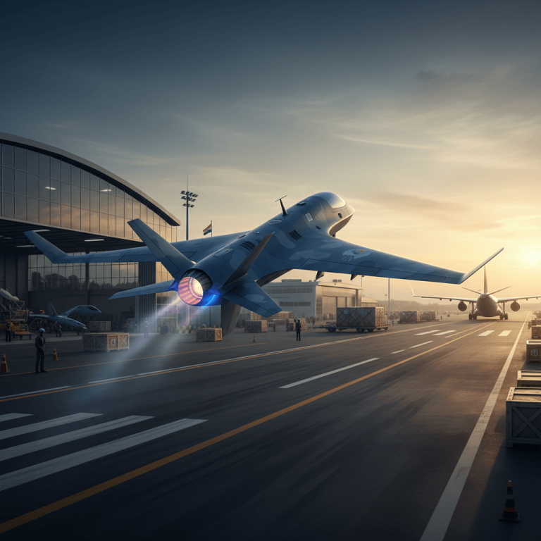 A modern jet aircraft taking off from an airfield at sunset, symbolizing India's surging defense exports.