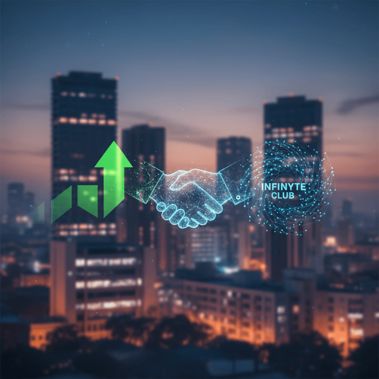 Digital handshake and upward arrow over a city skyline at dusk, representing a wealthtech acquisition and growth.