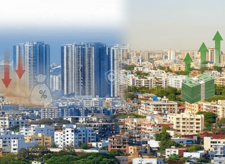 A split image of an Indian cityscape. One side shows falling investment, the other rising domestic growth.