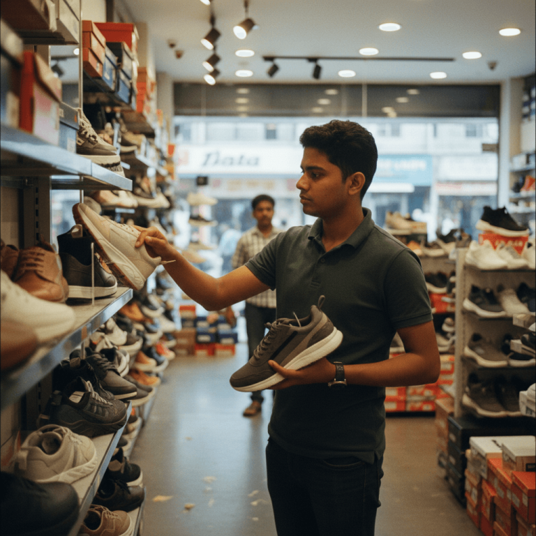 A young Indian man in a green polo shirt holds two pairs of sneakers, one in each hand, while browsing a shoe store aisle.