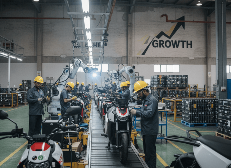 Factory workers in hard hats and uniforms assemble electric motorbikes on a conveyor belt, with robotic arms assisting.