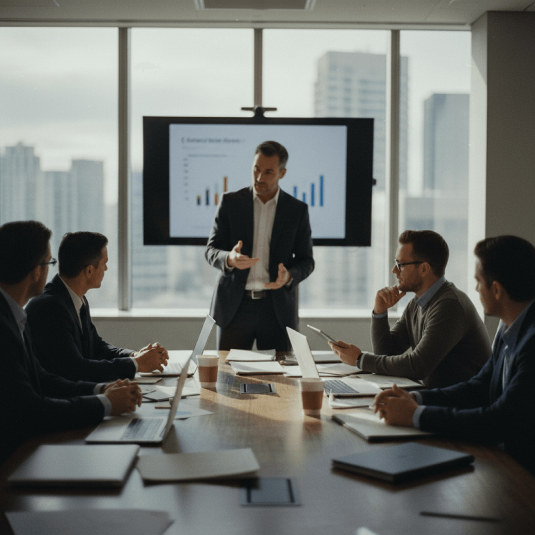 A group of business executives in a modern boardroom, focused on a presentation about corporate strategy.
