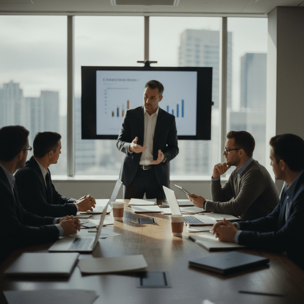 A group of business executives in a modern boardroom, focused on a presentation about corporate strategy.