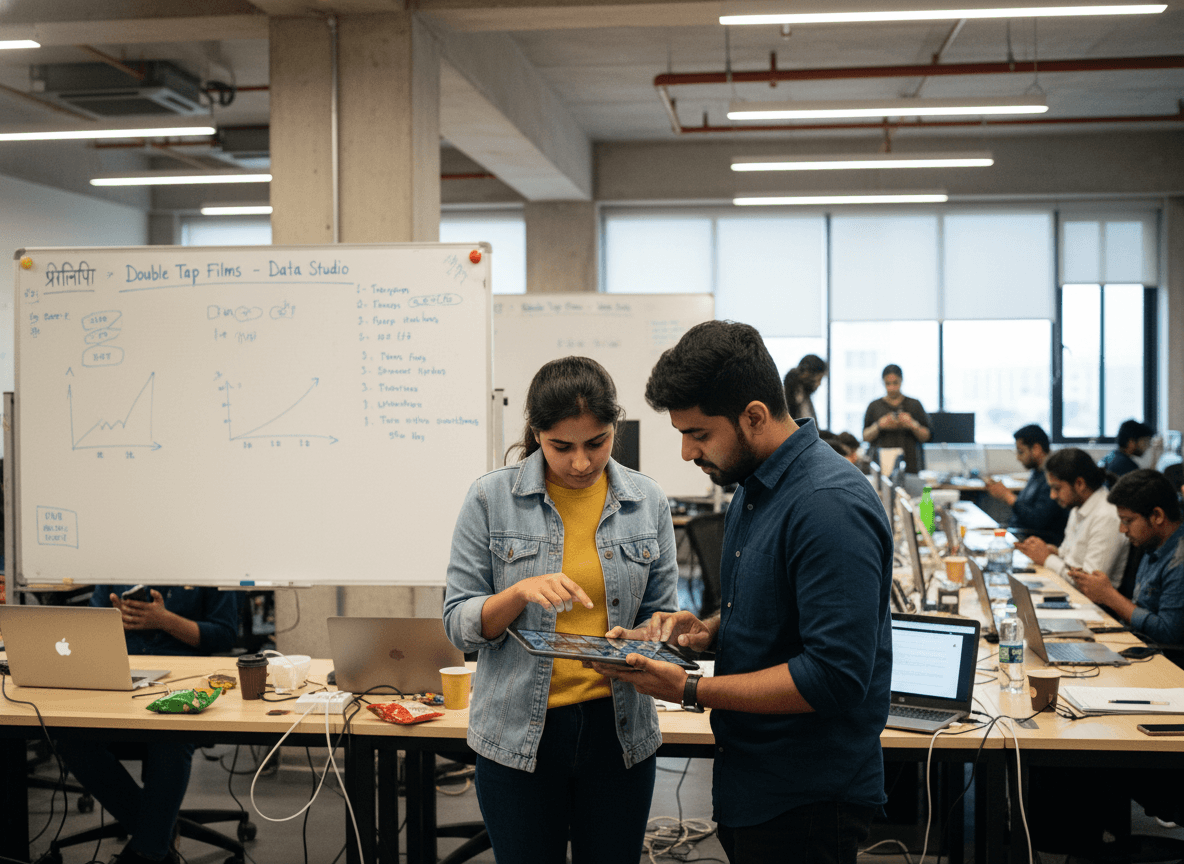 Two Indian colleagues, a woman and a man, collaborate on a tablet in a busy, modern office environment.