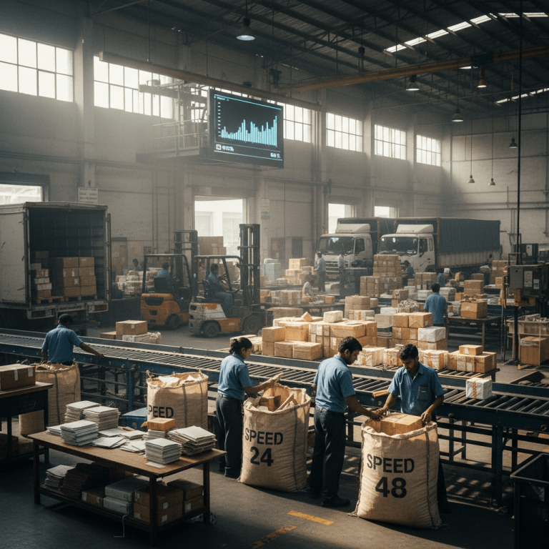 Wide shot of an Indian logistics warehouse with workers, conveyor belts, trucks, and a digital display.