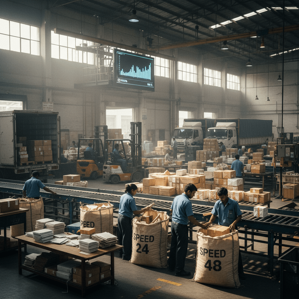 Wide shot of an Indian logistics warehouse with workers, conveyor belts, trucks, and a digital display.