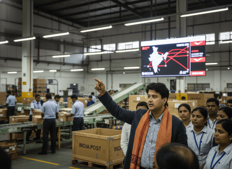 Jyotiraditya Scindia, wearing a scarf, points while speaking to staff in an India Post logistics facility.
